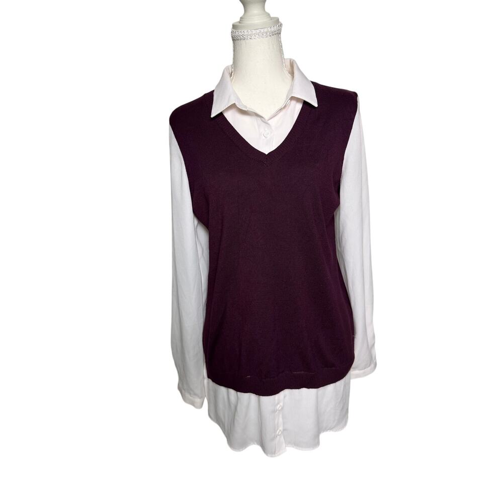 Adrianna Papell Burgundy Layered Sweater Vest White Blouse Top Medium